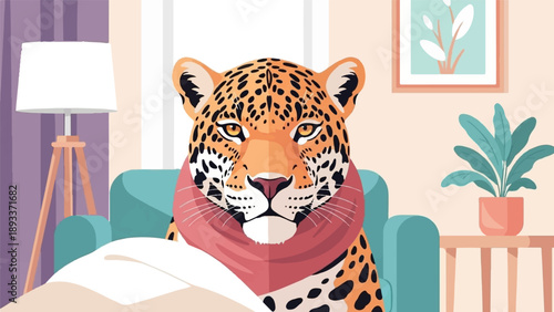 A spotted feline with a pink scarf sits in a teal armchair indoors