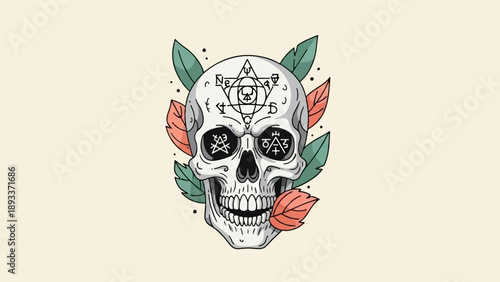 A white skull with occult symbols, framed by leaves and dots