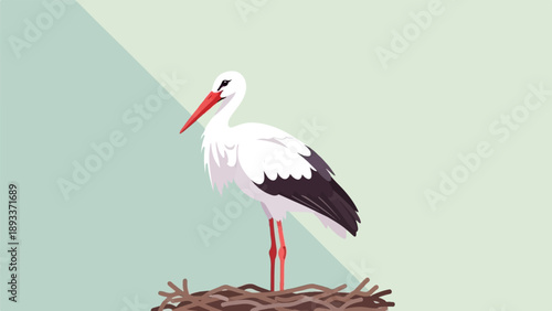 A white stork stands tall on a nest in this flat illustration