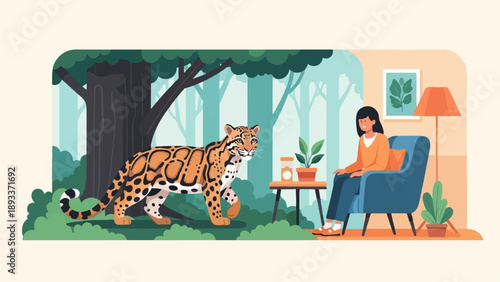 A spotted feline walks through a forest next to a woman relaxing indoors