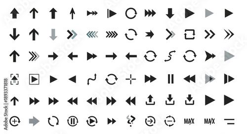 Comprehensive vector set featuring diverse arrow styles and multimedia control symbols for design