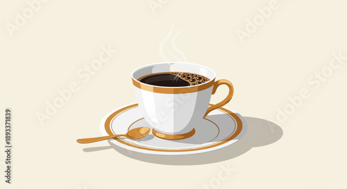 A steaming cup of dark coffee rests on a saucer with a spoon