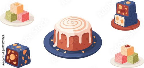 A visually appealing assortment of sweet treats, featuring frosted pastries and colorful cubes