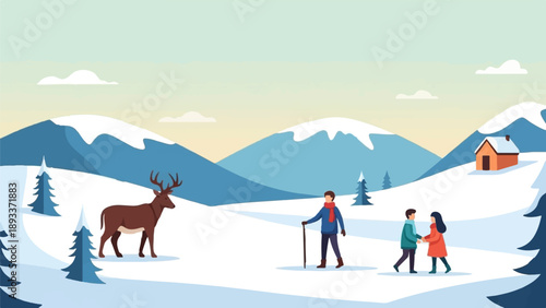 A winter scene with snow-covered mountains, a deer, and people enjoying the outdoors