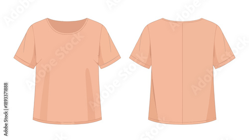 Minimalist light peach crew neck short sleeve t-shirt technical drawing showcasing both front and back views perfect for clothing design templates