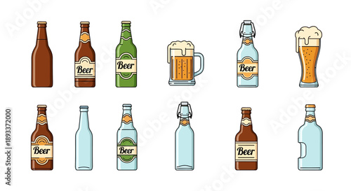 An assorted collection of colorful cartoon vector beer bottles and glasses with beer on a light