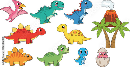 Cute cartoon dinosaur characters and prehistoric elements collection vector illustration set for kids