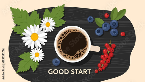 A warm cup of coffee with berries and daisies on a wooden table