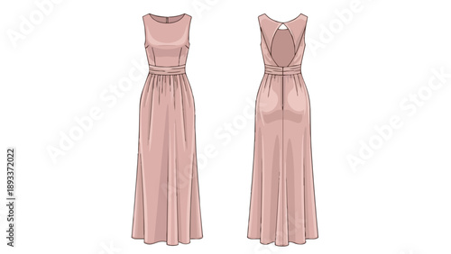 Elegant blush pink sleeveless maxi dress technical drawing showing front and back views with keyhole detail and flowing silhouette for fashion
