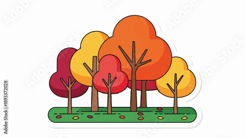A stylized illustration of an autumn forest scene with colorful trees and fallen leaves