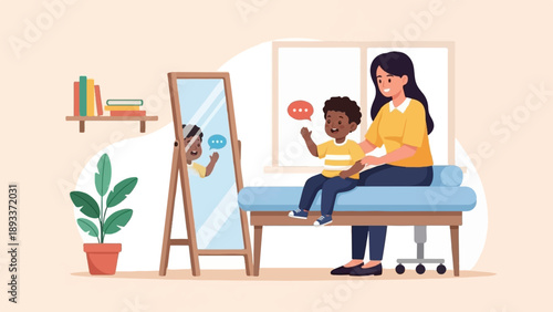 A woman and child in a room with a mirror, plant, and bookshelf