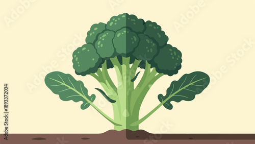 A stylized illustration of a single, large green broccoli with a thick stem