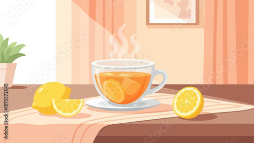 A warm cup of tea with fresh lemons and a plant in a cozy room