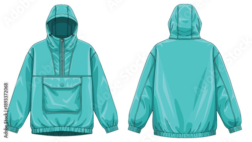 Detailed vector illustration of a vibrant aqua hooded anorak jacket, showcasing both front and back views for versatile apparel design applications