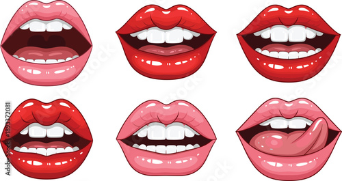 Red and pink glossy lips expressions with open mouth and tongue vector illustration set