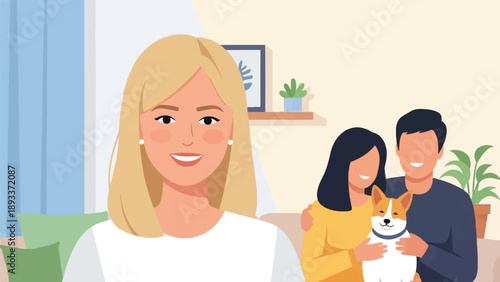 A woman smiles in the foreground, a couple and dog in background