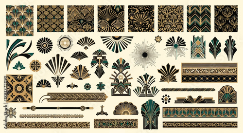 Decorative art deco elements collection featuring geometric floral and ornamental designs for