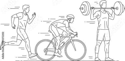 Line art illustration depicting a focused athlete running cycling and weightlifting representing a complete triathlon or diverse fitness training regimen