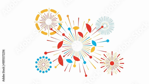 Abstract bursts of color and shape emanate from central points