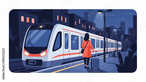 A woman with luggage waits for a train on a nighttime city platform