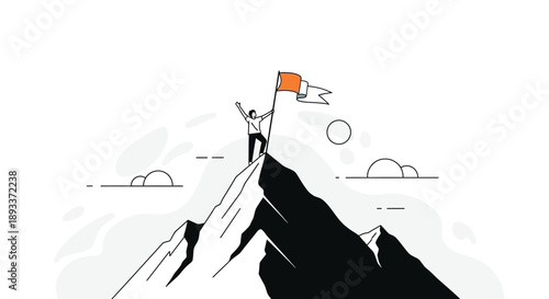 Stylized illustration depicts a triumphant adventurer firmly planting an orange flag atop a sharply peaked mountain summit reaching for success