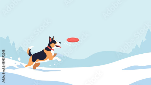 A tri-colored dog joyfully chases a red frisbee in a snowy landscape