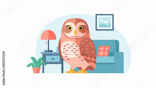 A stylized owl stands in a minimalist living room beside a table