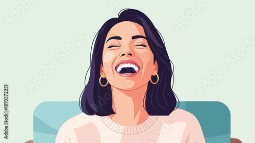 A woman with dark hair, wearing a light pink sweater and gold hoop earrings, laughs heartily