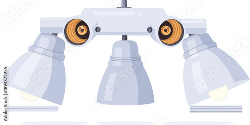 A trio of adjustable spotlights with a white base, illuminated bulbs, and shadows