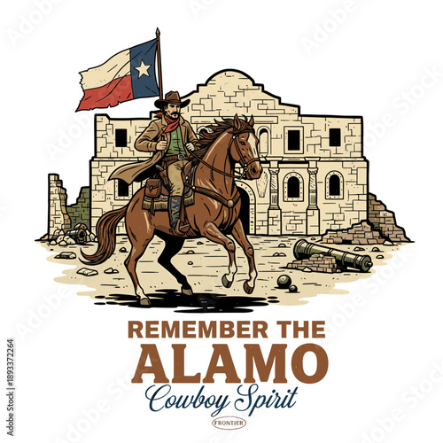 Remember the Alamo cowboy spirit with horse and Texas flag