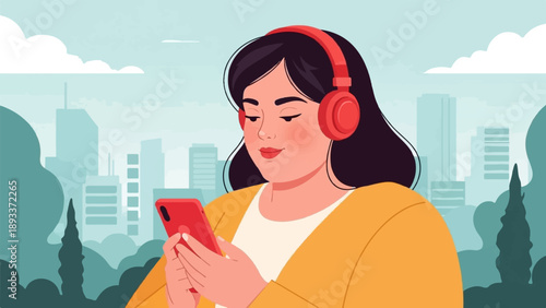 A woman with headphones on is looking at her phone in front of a cityscape