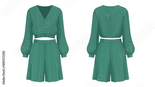 Sophisticated emerald green pleated two-piece outfit showcasing a contemporary V-neck crop top with elegant long sleeves and perfectly matching