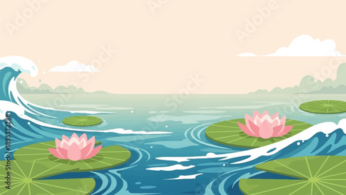 A stylized pixel art depiction of water lilies floating serenely on gentle waves