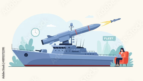 A woman works on a laptop next to a naval ship launching a missile