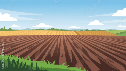 A vast, tilled farmland stretches under a clear blue sky with fluffy clouds