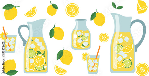 Fresh lemonade pitchers and glasses with lemon slices summer drink flat vector illustration set