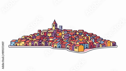 A whimsical, colorful village sprawls across a hill under a clear sky