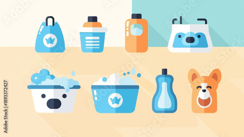 A whimsical flat illustration of pet grooming supplies and a happy corgi