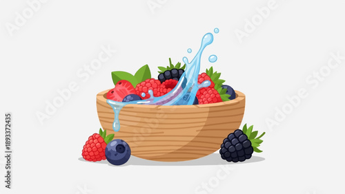 A wooden bowl overflows with fresh berries and a splash of water
