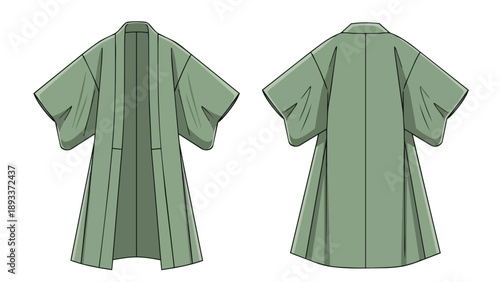Detailed graphic representation of a serene sage green flowing kimono-style outerwear garment design, showcasing both front and back views presented