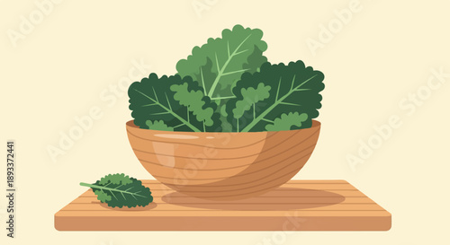 A wooden bowl overflows with fresh green kale on a wooden board