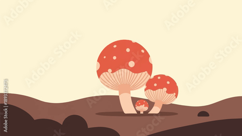 A whimsical illustration of red and white spotted mushrooms on a muted landscape