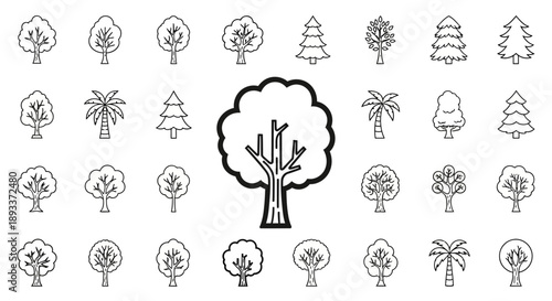 Collection of diverse tree icons representing different species and shapes in monochrome style