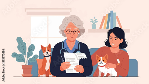 A veterinarian consults with a young woman and her two dogs in a cozy room