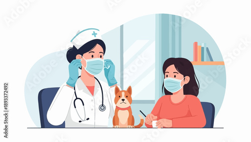 A veterinarian and owner consult with a dog, all wearing masks