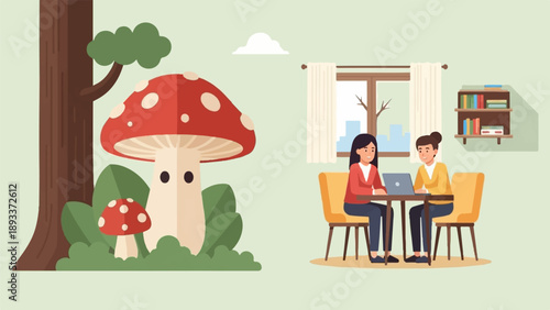 A whimsical scene contrasts a forest mushroom with two women working together indoors