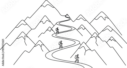 Hikers with backpacks follow a winding path up through minimalist mountain ranges symbolizing a journey toward a difficult but achievable long term goal