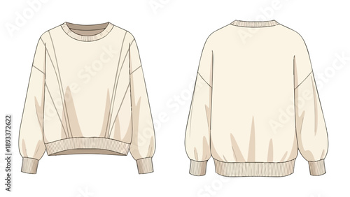 Technical flat drawing of a contemporary relaxed fit ivory crewneck sweatshirt, featuring voluminous long sleeves, ribbed cuffs, and comfortable