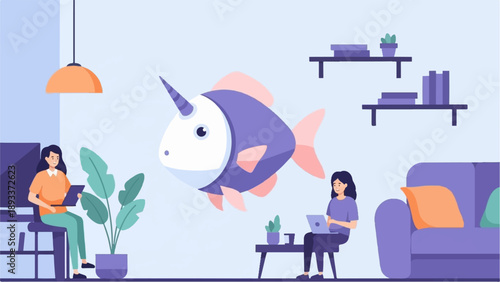 A whimsical unicorn fish floats above two women working on laptops in a cozy room