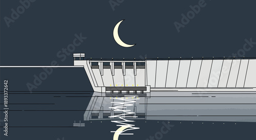 Minimalist illustration of a large hydroelectric dam structure viewed at night under a crescent moon reflecting on the calm water surface